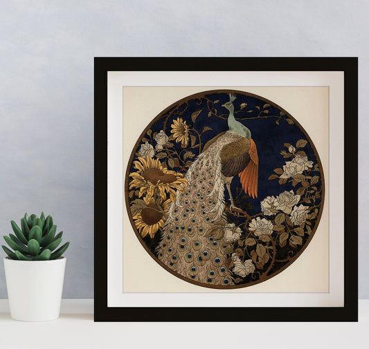 Vintage Peacock Painting - Print - Black and Beige - Square - For Your Sacred Space
