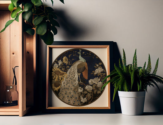 Vintage Peacock Painting Print Black Beige Square Art On Premium Archival Matte Fine Art Paper by My Store