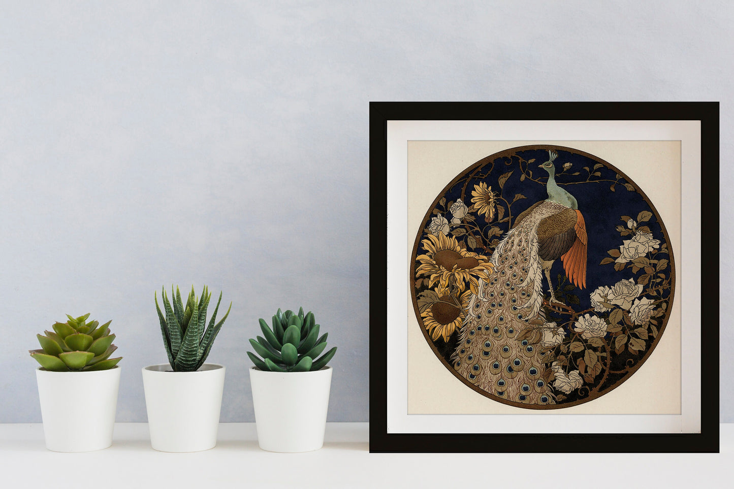 Vintage Peacock Painting - Print - Black and Beige - Square - For Your Sacred Space