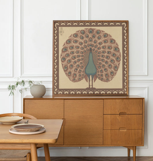Vintage Peacock Print - Art Nouveau art print, Vintage Brown wall art, painting - Bird Print - Blue and Beige