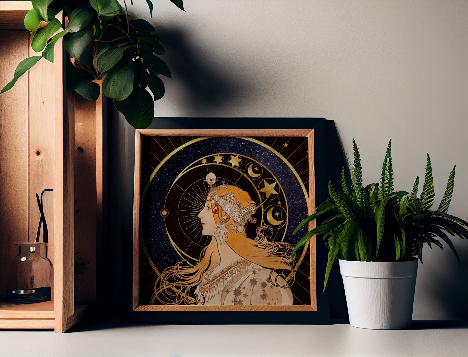 Vintage Woman and Moon - Art Nouveau Moon Print - Moon Goddess Art Deco - Moon Print Square - Navy and Gold