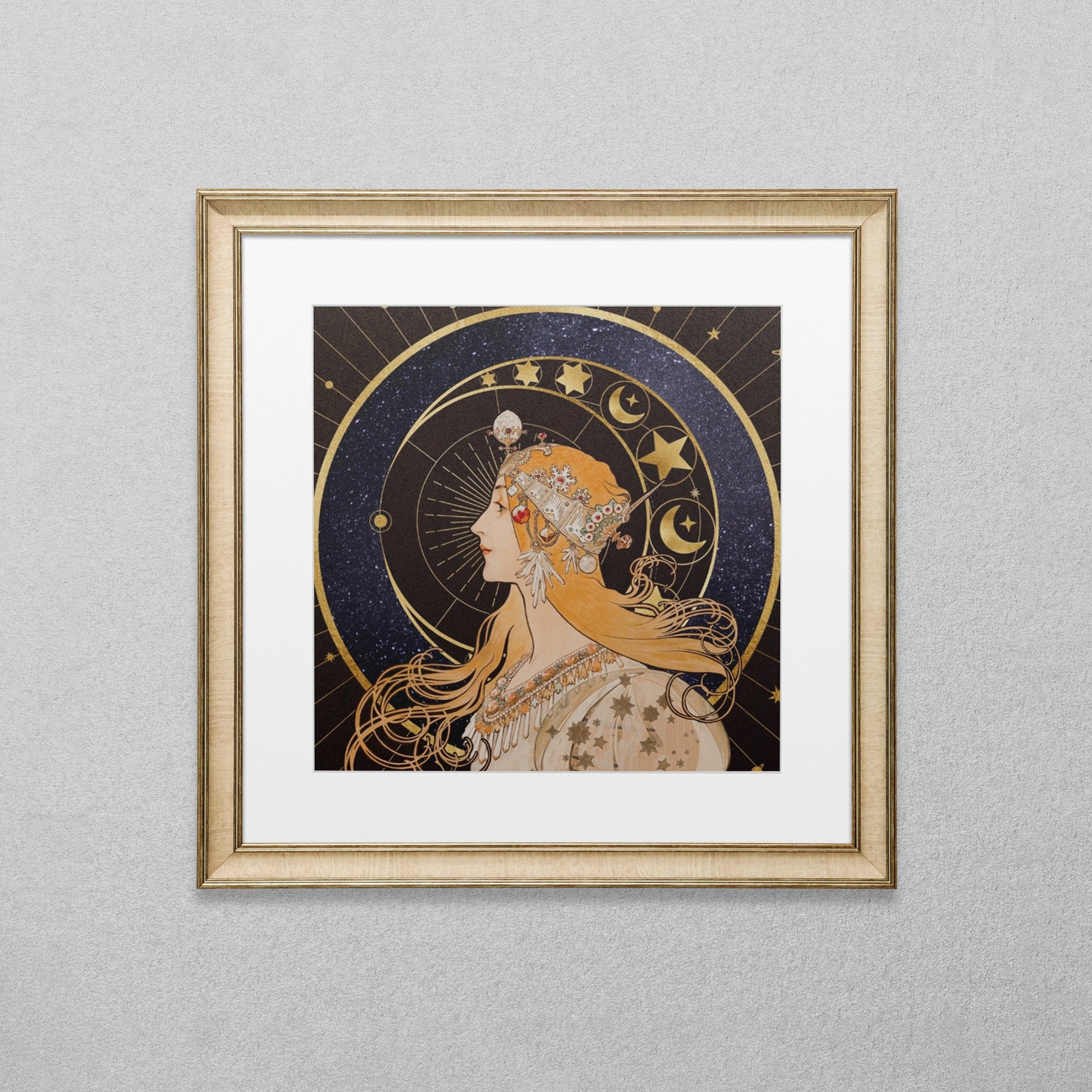 Vintage Woman and Moon - Art Nouveau Moon Print - Moon Goddess Art Deco - Moon Print Square - Navy and Gold