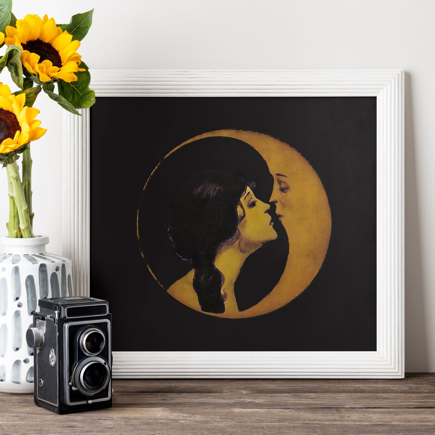 Woman Kissing Moon - Art Nouveau Moon Print - Moon Goddess Art Deco - Moon Print Square - Dark Beige and Gold