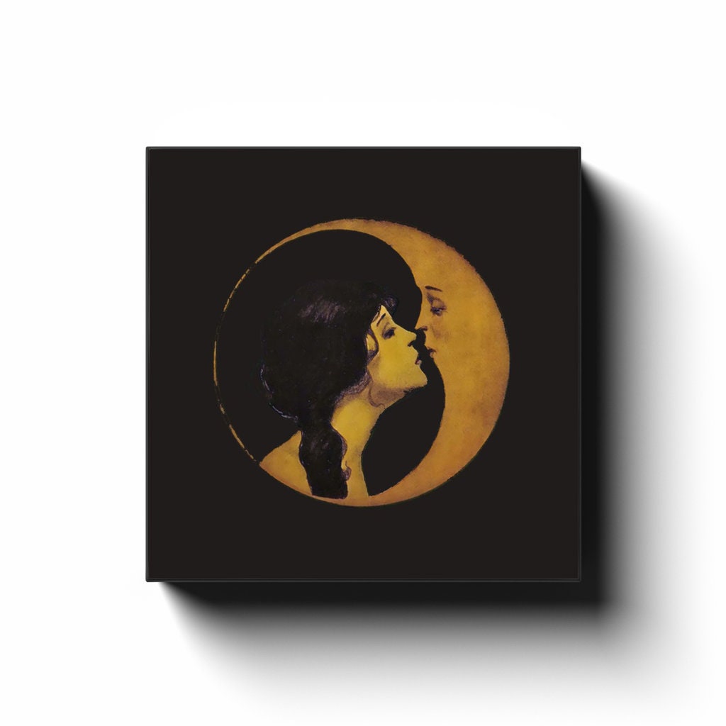 Woman Kissing Moon - Art Nouveau Moon Print - Moon Goddess Art Deco - Moon Print Square - Dark Beige and Gold