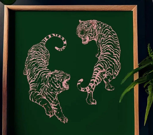 Pink Tigers Print Square Art Vintage Japanese Remix Wall Decor for Modern Living Rooms by My Store