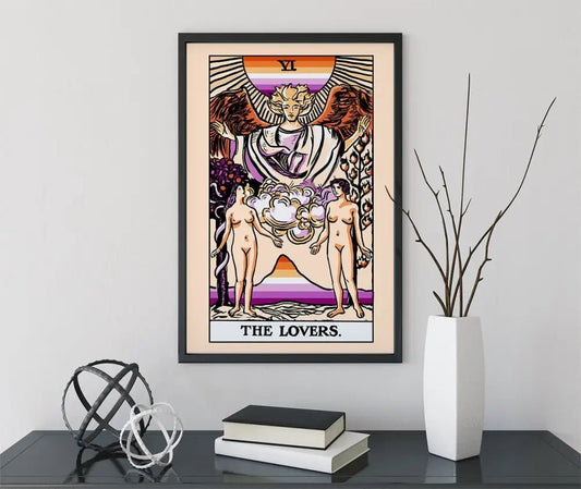 The Lovers Tarot Card Print Two Women Lovers Lesbian Flag Tarot Poster No Frame Included by My Store