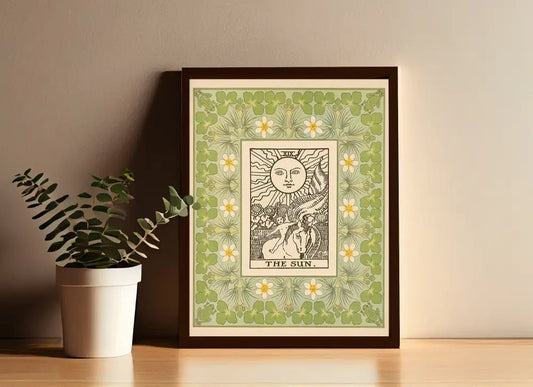 The Sun Tarot Print Vintage Shabby Chic Green Poster In Nouveau Tarot Card Style by My Store