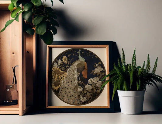 Vintage Peacock Painting Print Black Beige Square Art On Premium Archival Matte Fine Art Paper by My Store