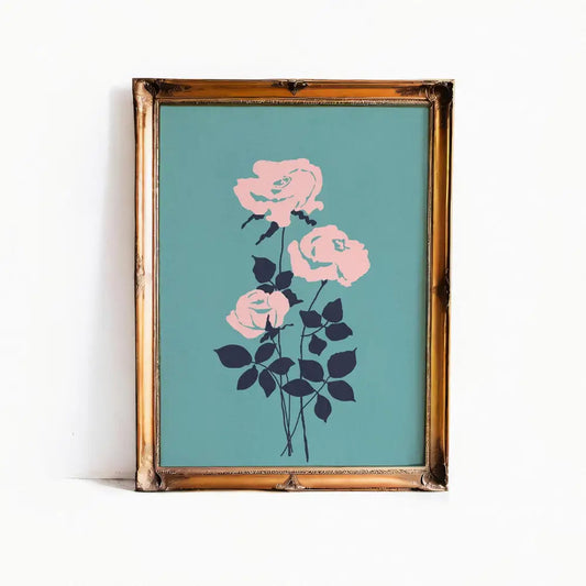Vintage Roses Pink And Teal Floral Print Wall Art With Light Academia Whimsigoth Charm by My Store