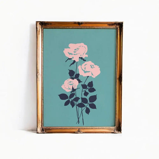 Vintage Roses Pink And Teal Floral Print Wall Art With Light Academia Whimsigoth Charm by My Store
