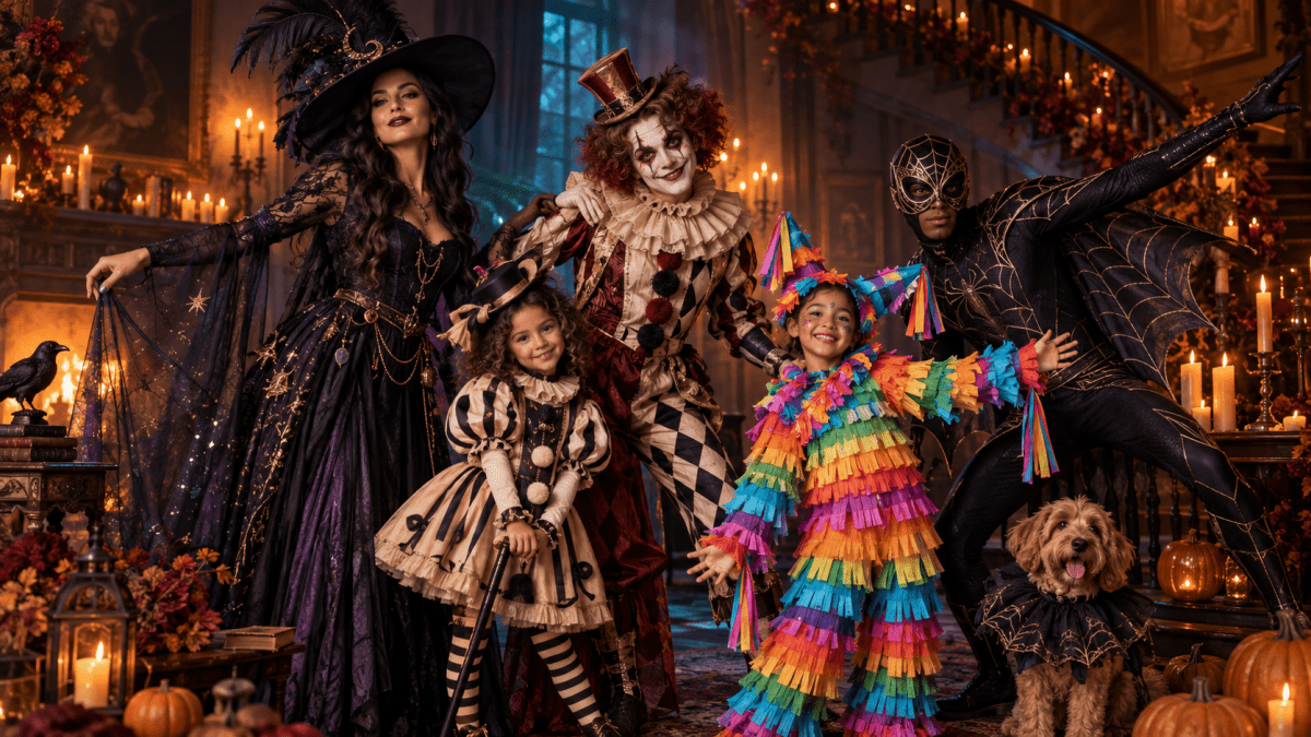 Collage of popular 2026 Halloween costume ideas including a scary clown, storybook character, superhero, anime-inspired costume, pet costume, and colorful piñata.
