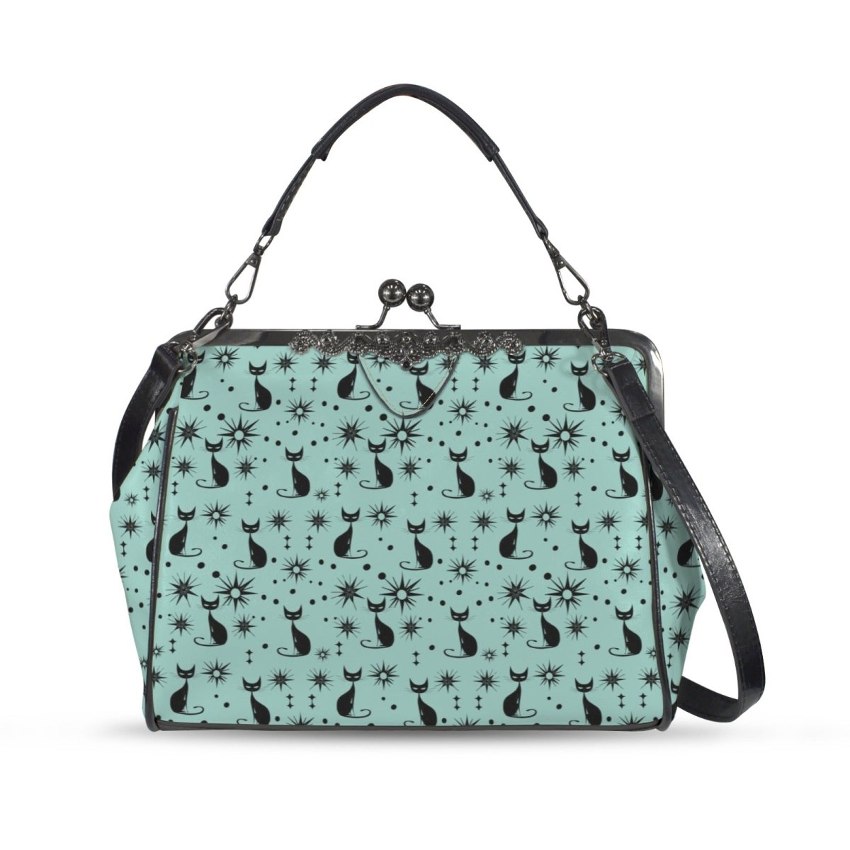 Teal and black cat-pattern kiss lock handbag with shoulder strap