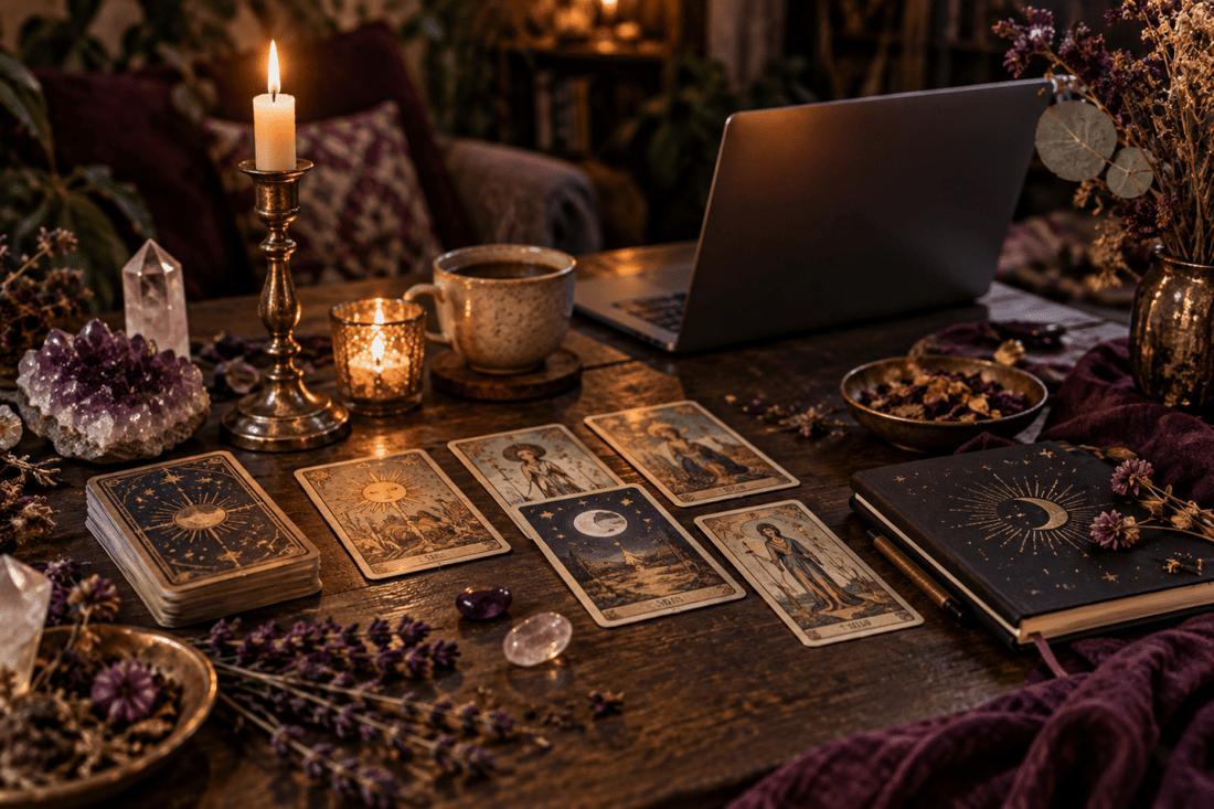 Mystical tarot cards, crystals, and candles arranged for an online psychic reading