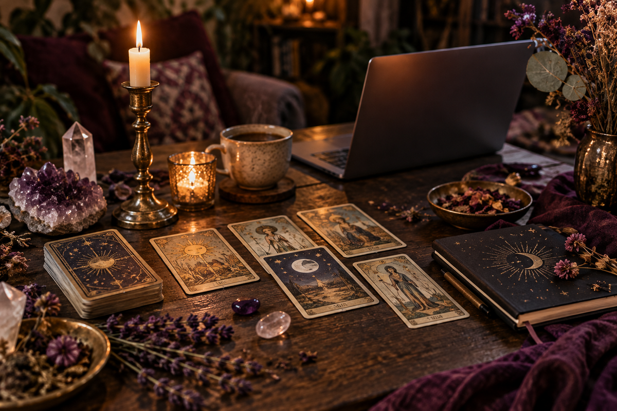Mystical tarot cards, crystals, and candles arranged for an online psychic reading