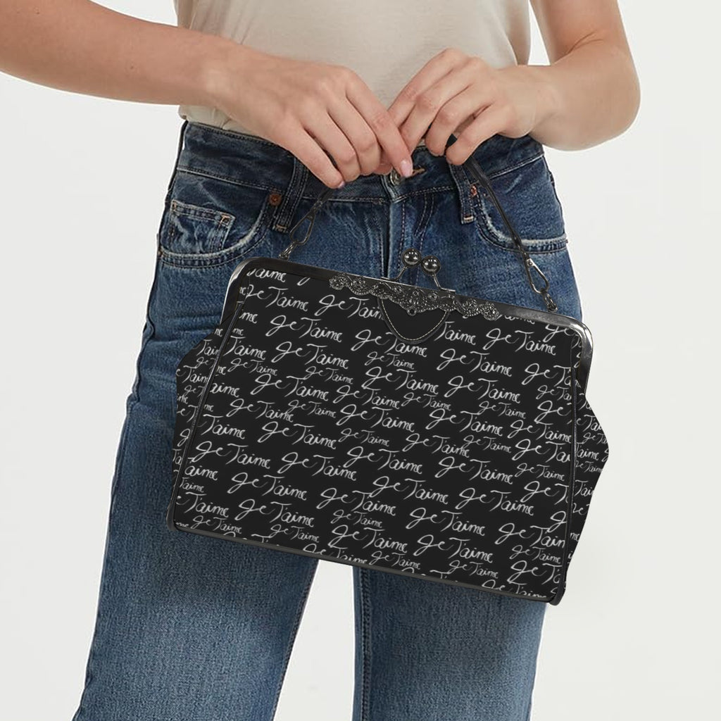 Je T’aime Kisslock Handbag – Black French Script Crossbody Purse