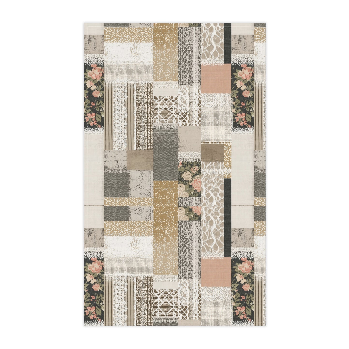 Vintage Patchwork Floral Tea Towel — Neutral Cottage Kitchen Linen - Cotton Twill