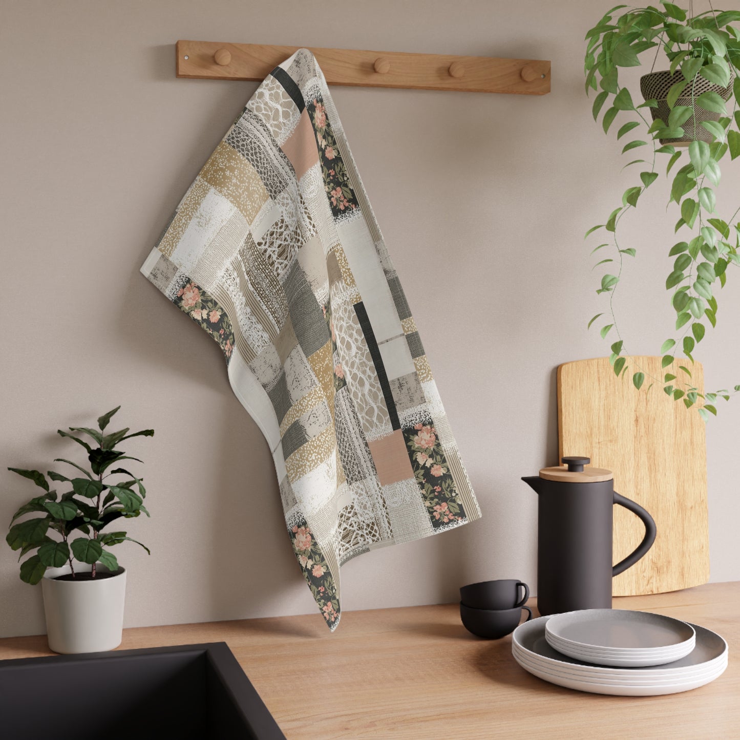 Vintage Patchwork Floral Tea Towel — Neutral Cottage Kitchen Linen - Cotton Twill