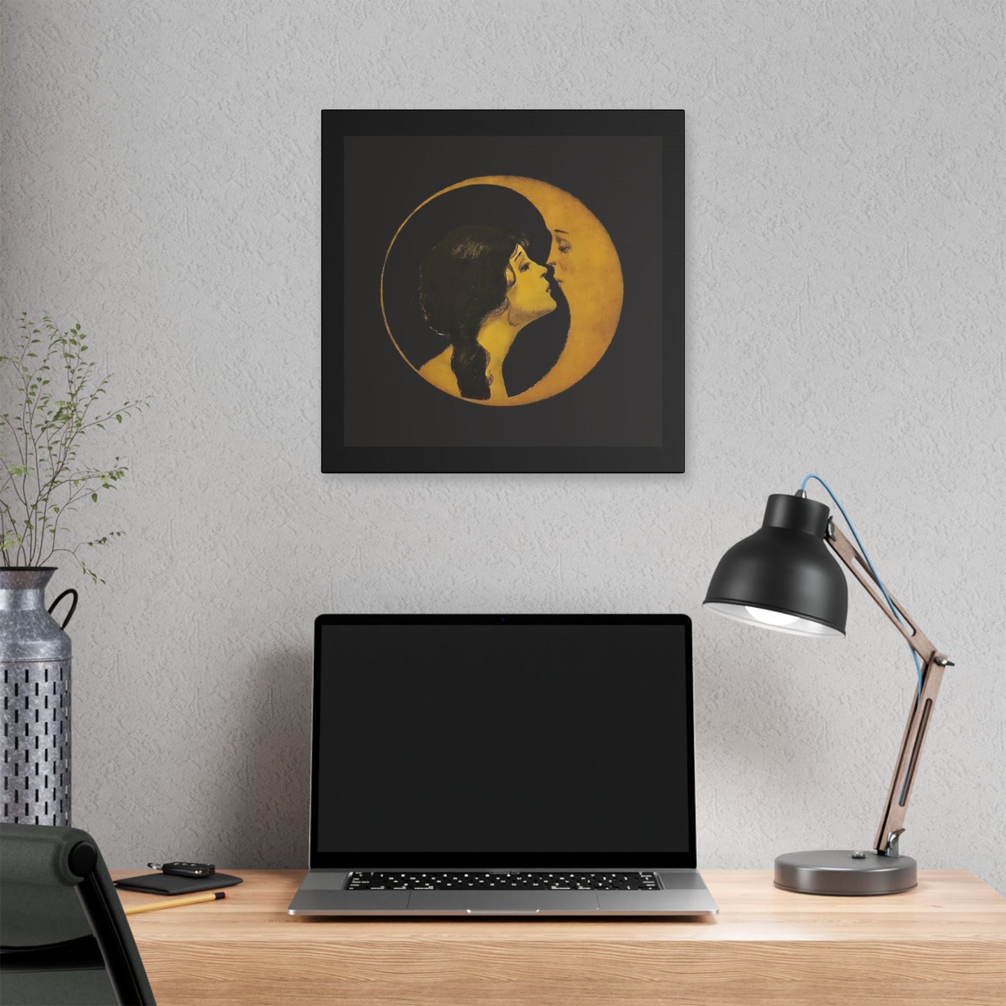 Woman Kissing Moon Stretched Canvas Art, Romantic Wall Decor, Bedroom Art, Gift for Couples, Home Decor, Anniversary Gift