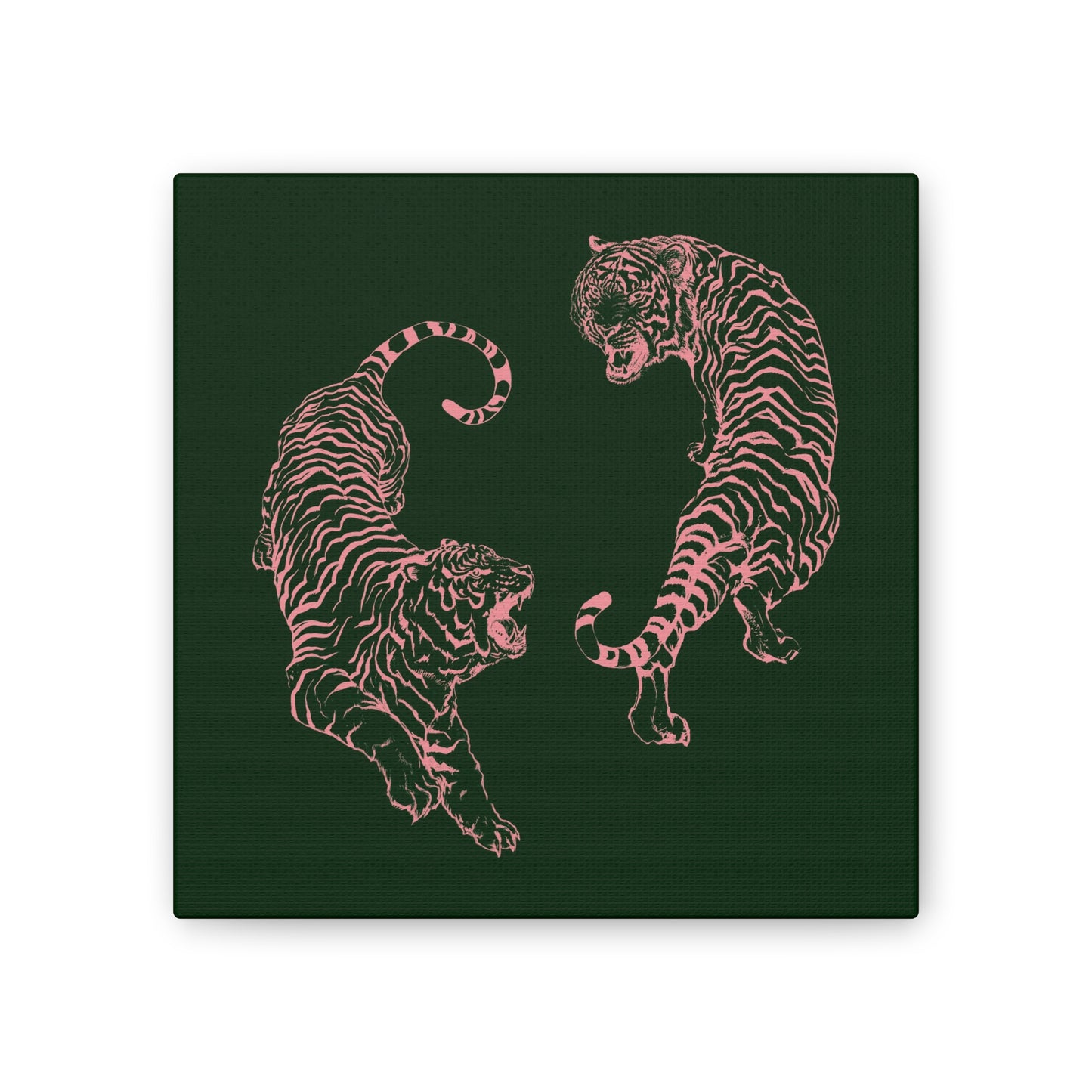 Pink Tigers Canvas Art - Dark Green and Pink Japanese Tigers - Wrapped Canvas Art