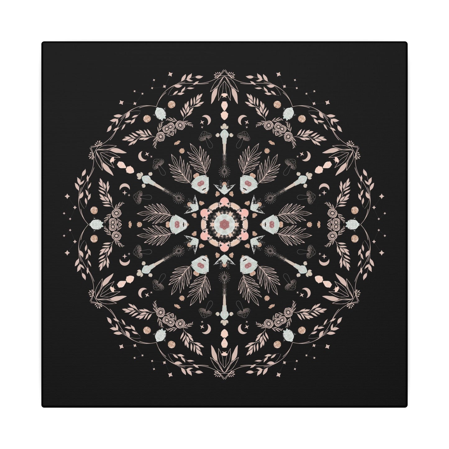 Black and Pink Botanical Mandala Canvas Art Print, Wall Decor, Home Accents, Nature Inspired, Meditation Space Decor