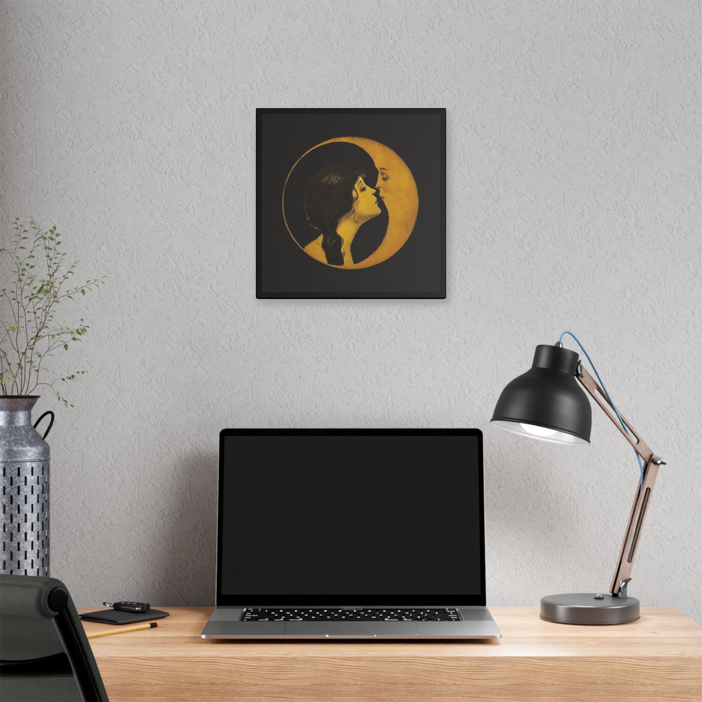 Woman Kissing Moon Stretched Canvas Art, Romantic Wall Decor, Bedroom Art, Gift for Couples, Home Decor, Anniversary Gift