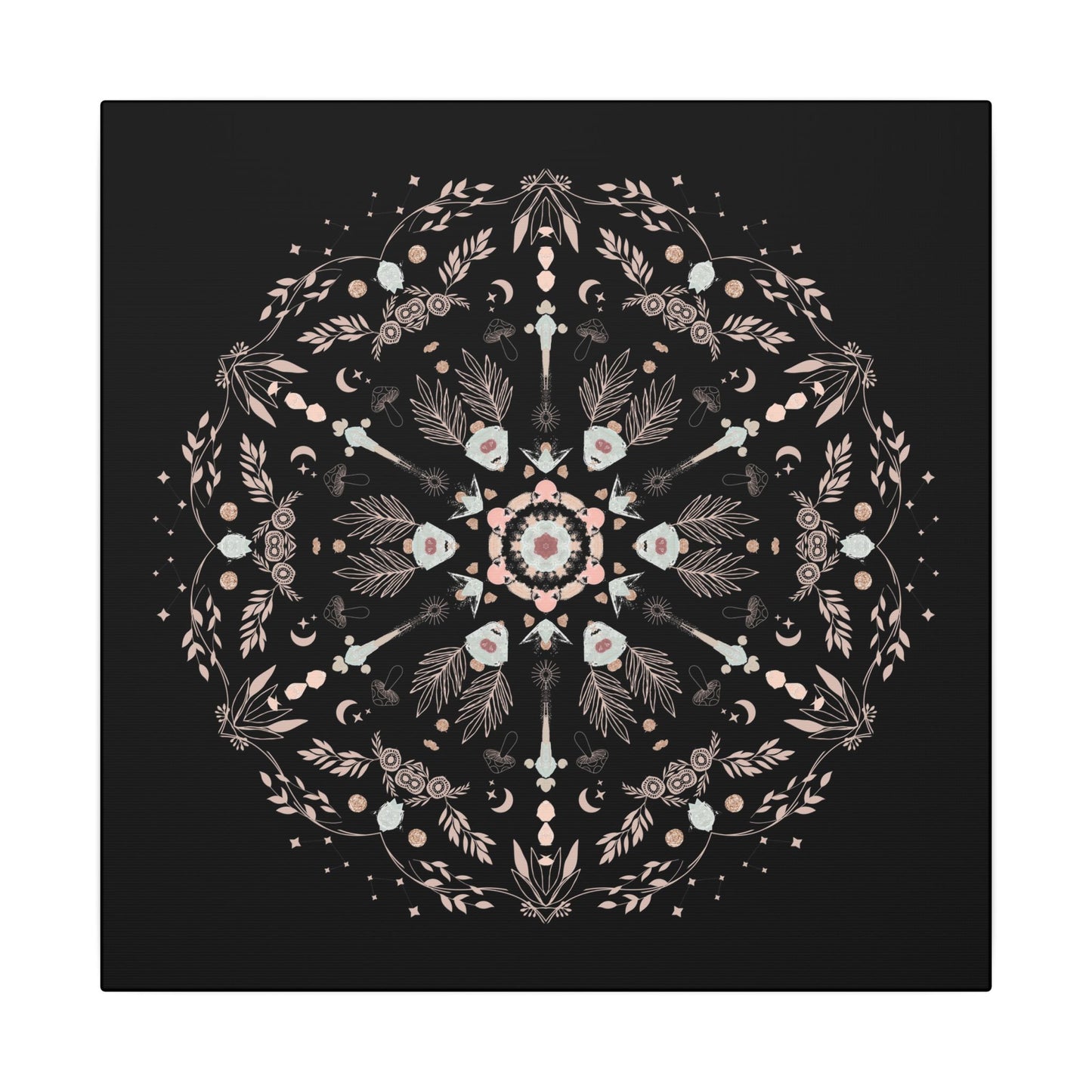 Black and Pink Botanical Mandala Canvas Art Print, Wall Decor, Home Accents, Nature Inspired, Meditation Space Decor