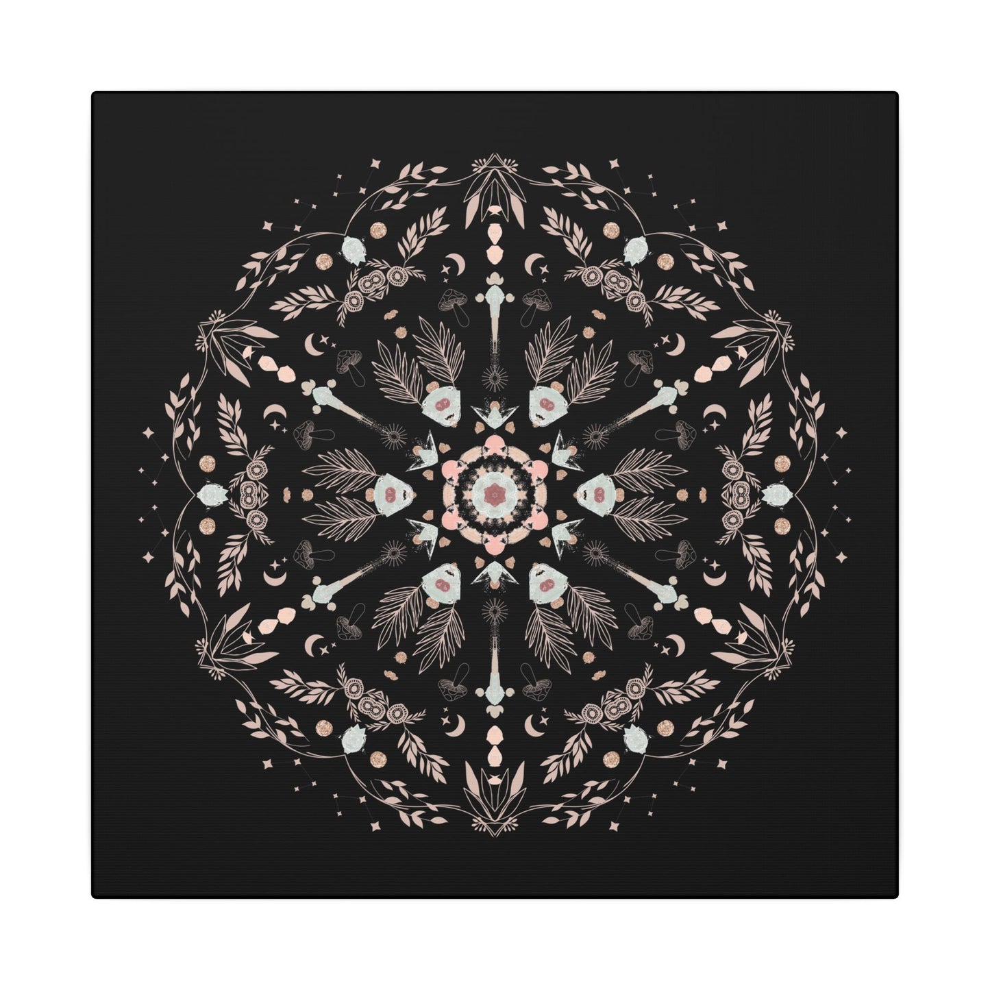 Black and Pink Botanical Mandala Canvas Art Print, Wall Decor, Home Accents, Nature Inspired, Meditation Space Decor