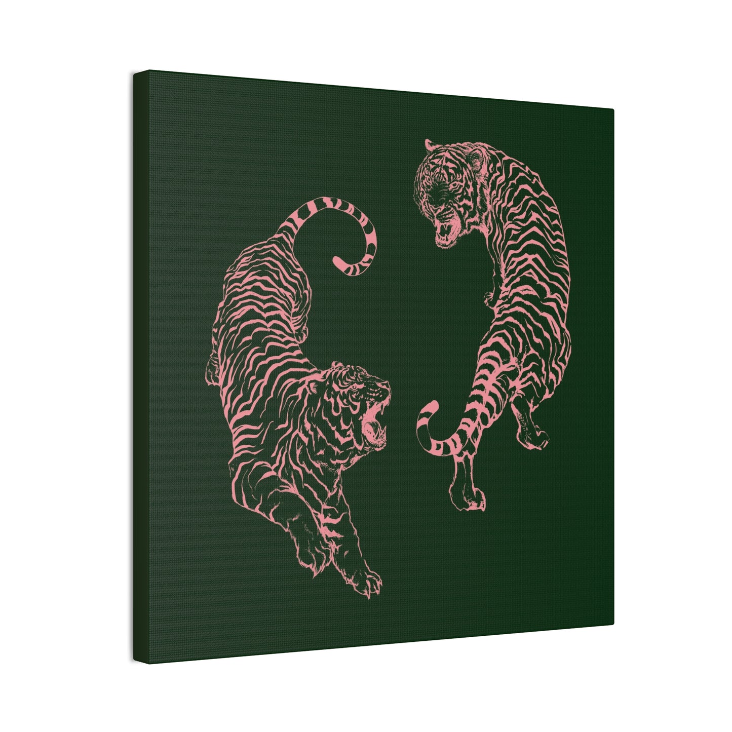 Pink Tigers Canvas Art - Dark Green and Pink Japanese Tigers - Wrapped Canvas Art