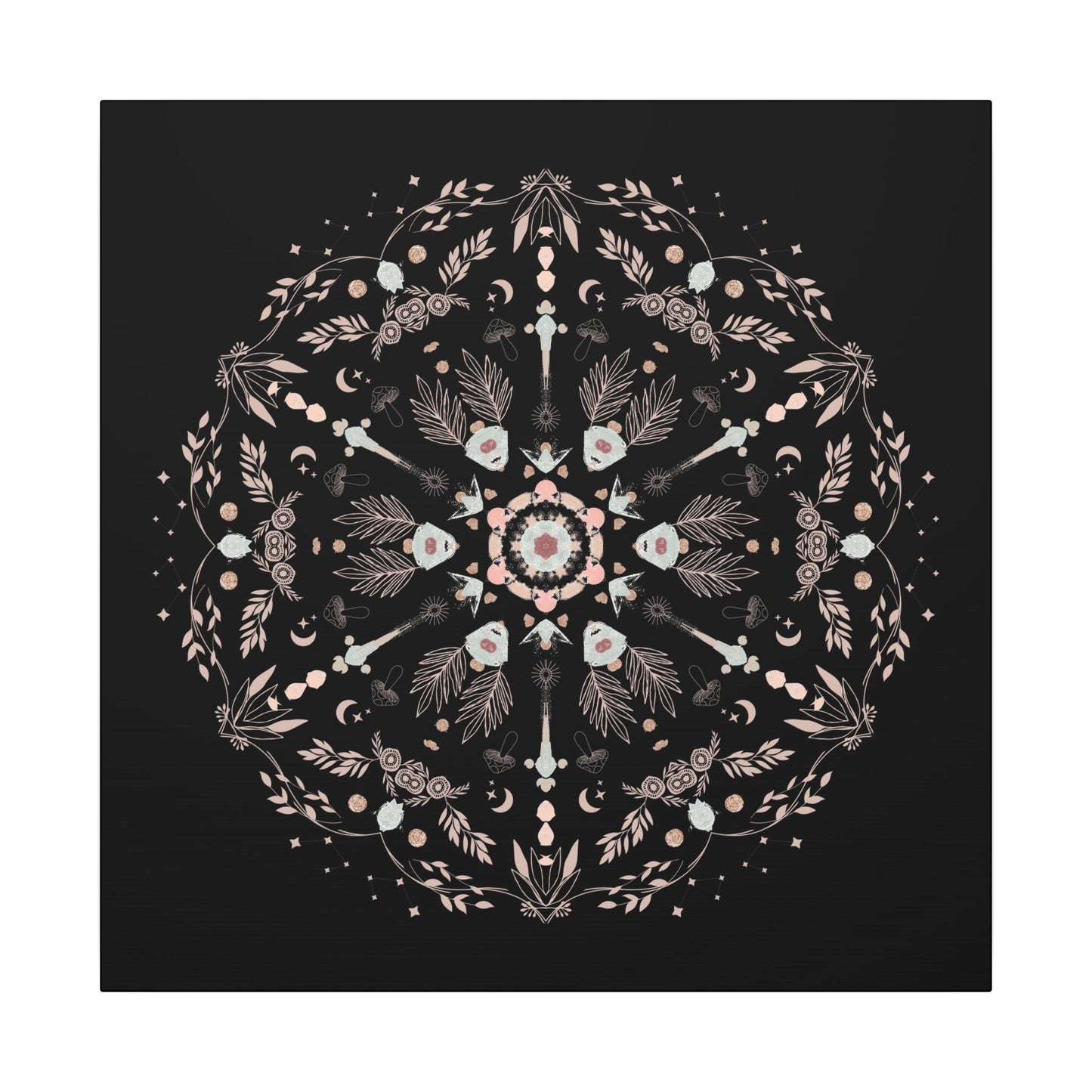 Black and Pink Botanical Mandala Canvas Art Print, Wall Decor, Home Accents, Nature Inspired, Meditation Space Decor
