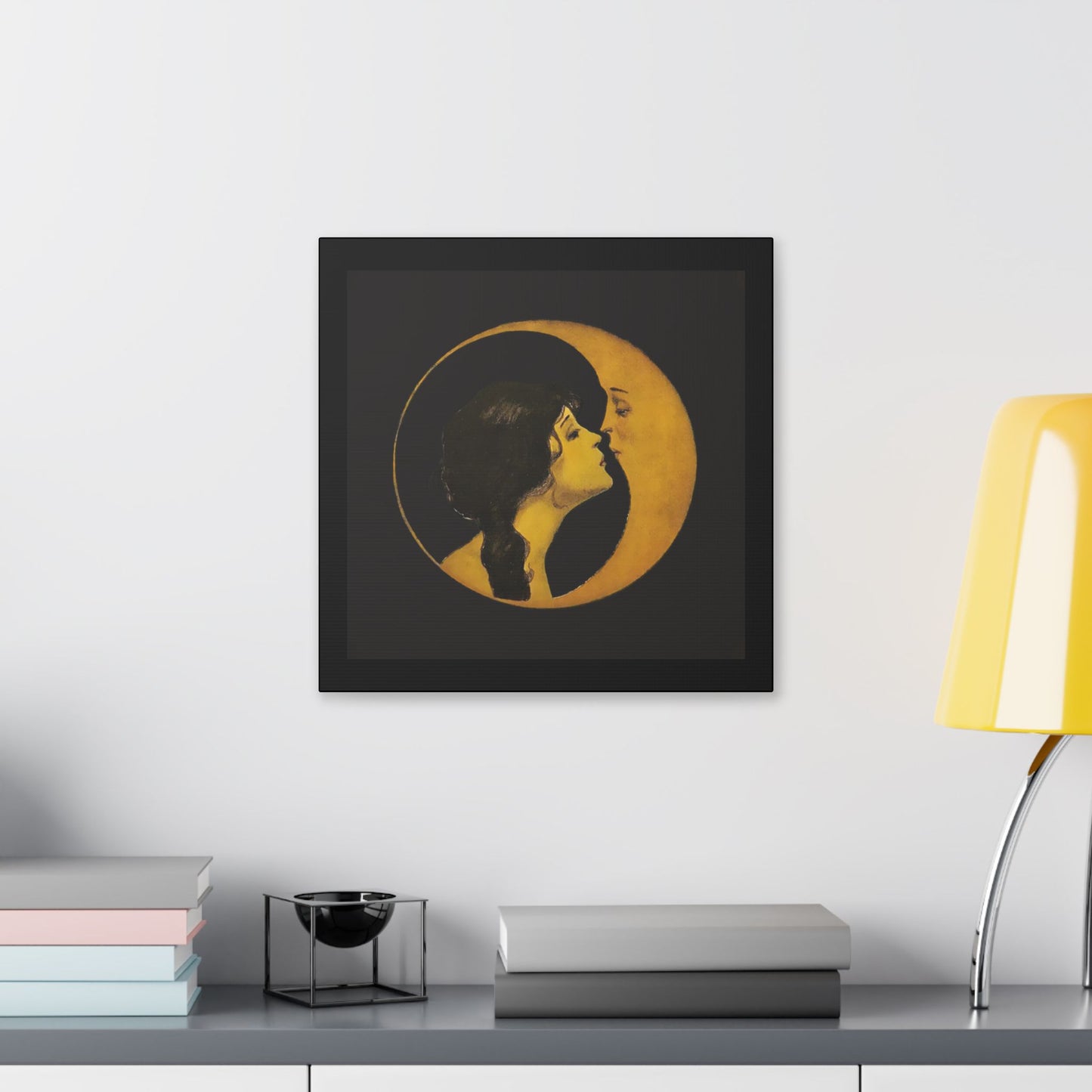 Woman Kissing Moon Stretched Canvas Art, Romantic Wall Decor, Bedroom Art, Gift for Couples, Home Decor, Anniversary Gift