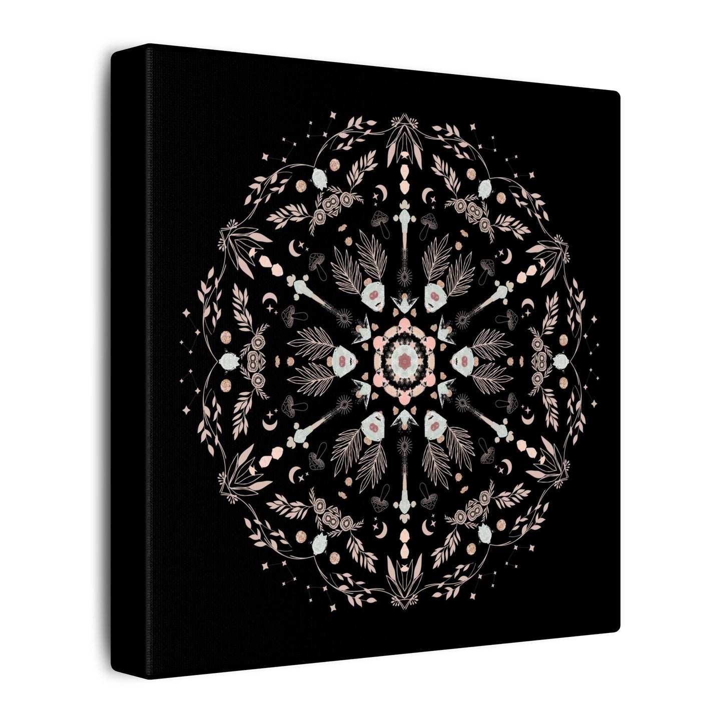 Black and Pink Botanical Mandala Canvas Art Print, Wall Decor, Home Accents, Nature Inspired, Meditation Space Decor