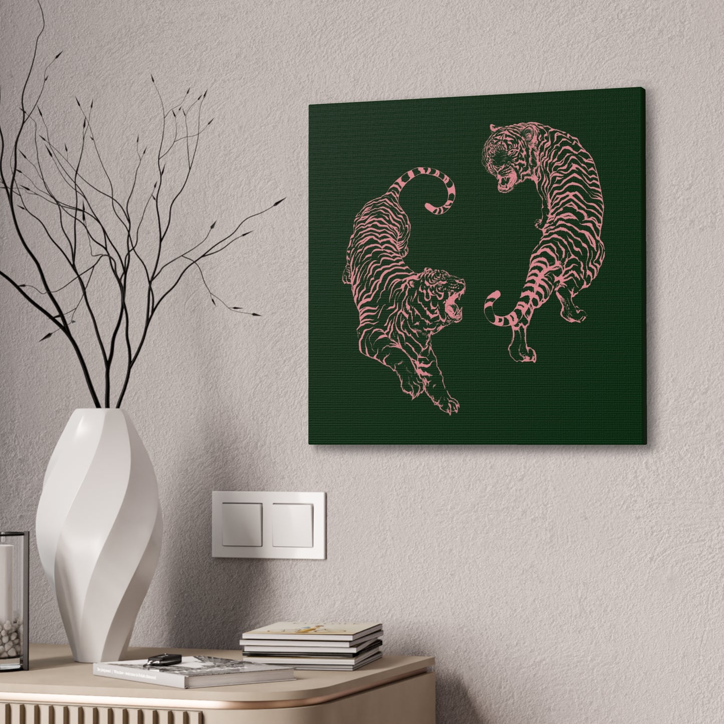 Pink Tigers Canvas Art - Dark Green and Pink Japanese Tigers - Wrapped Canvas Art