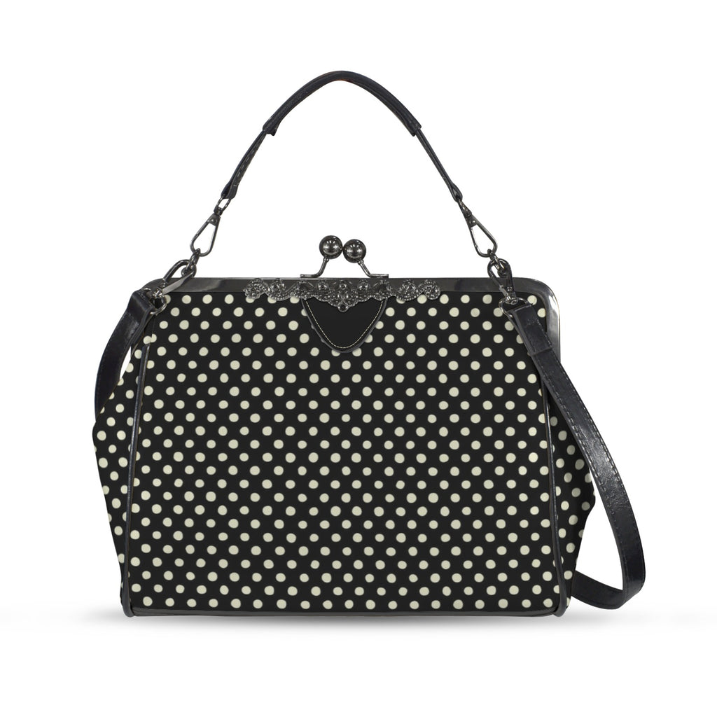 Midnight Confetti Kiss-lock Handbag – Black and Cream Polka Dot Purse