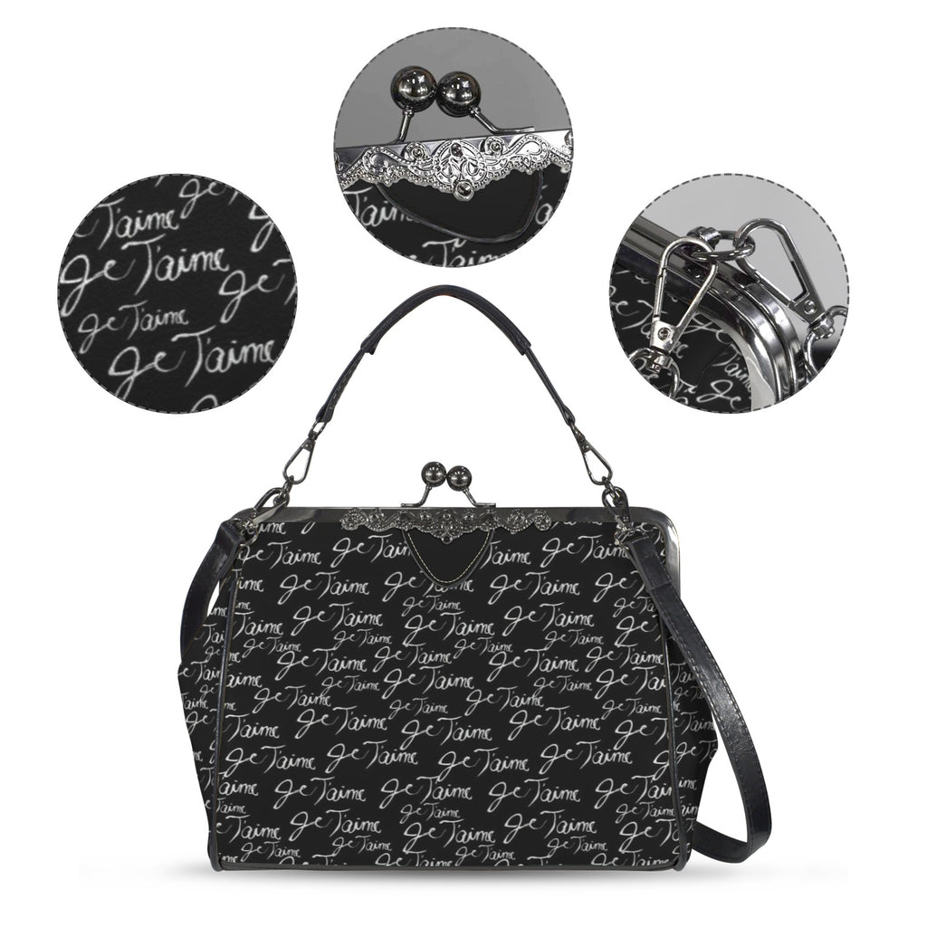 Je T’aime Kisslock Handbag – Black French Script Crossbody Purse