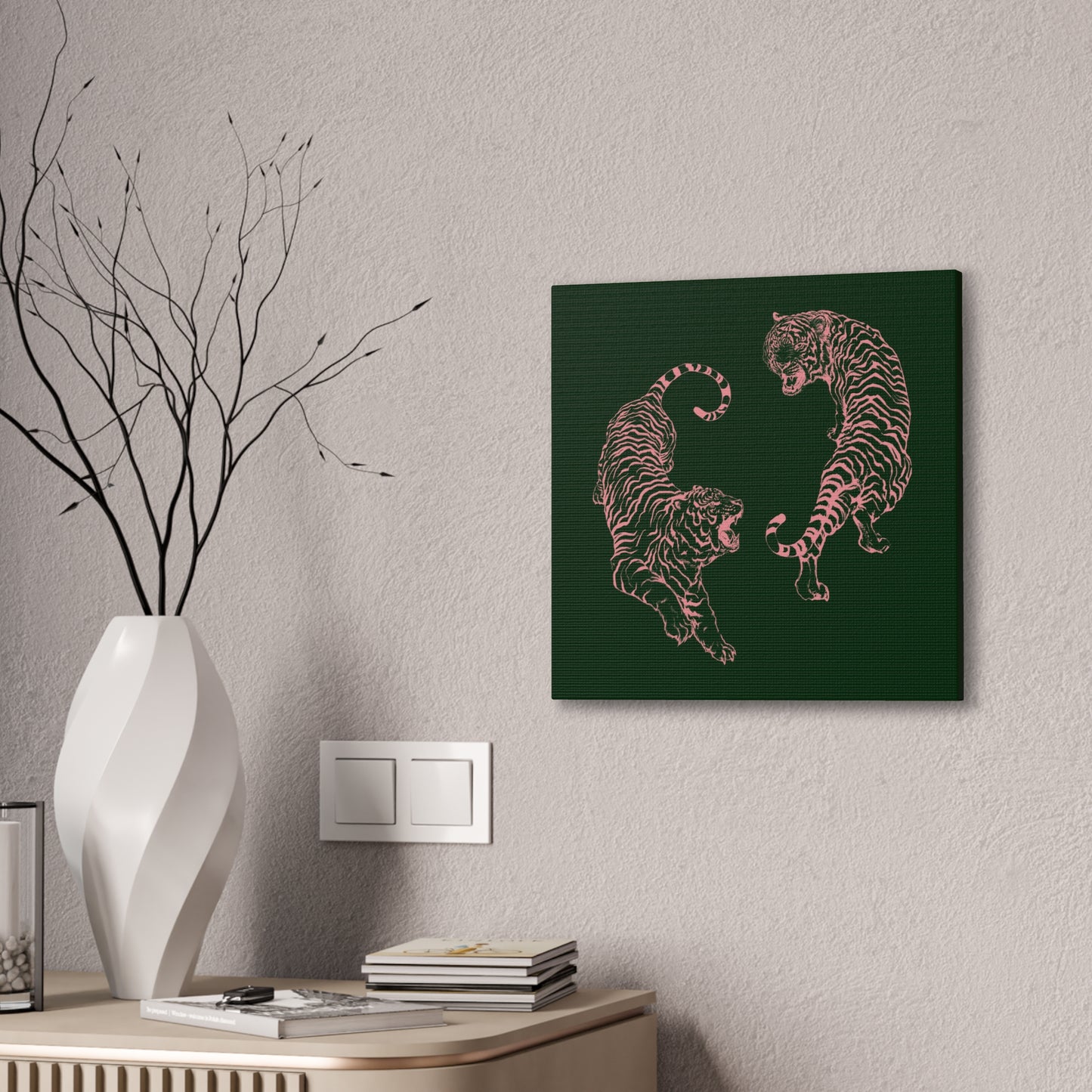 Pink Tigers Canvas Art - Dark Green and Pink Japanese Tigers - Wrapped Canvas Art
