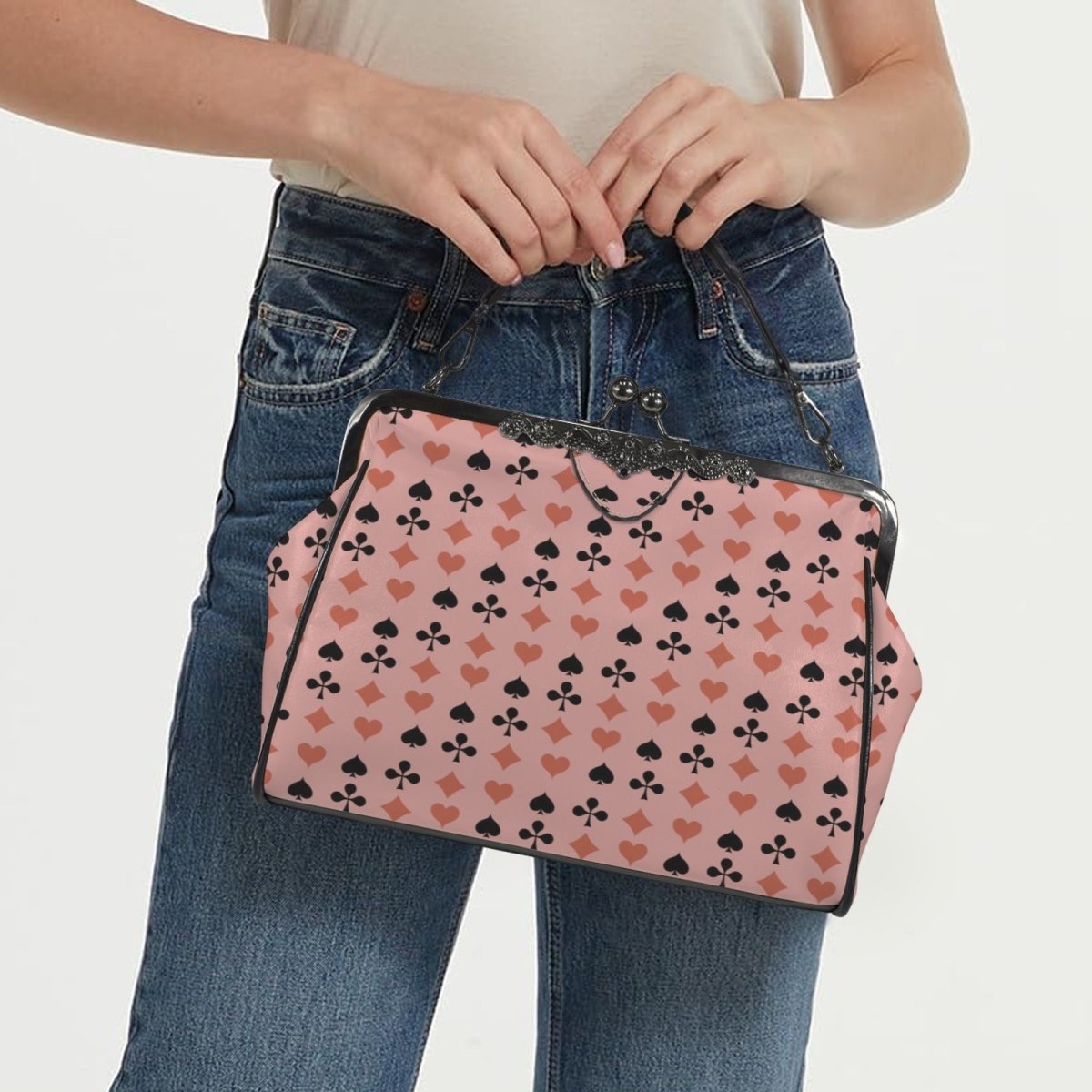 Playing Card Kiss Lock Handbag – Pink & Black Retro Crossbody Purse - DesignBohemian