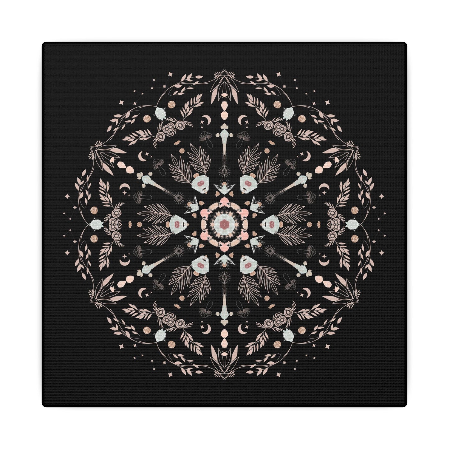 Black and Pink Botanical Mandala Canvas Art Print, Wall Decor, Home Accents, Nature Inspired, Meditation Space Decor