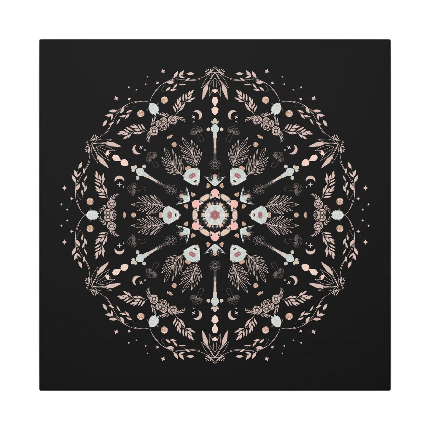 Black and Pink Botanical Mandala Canvas Art Print, Wall Decor, Home Accents, Nature Inspired, Meditation Space Decor