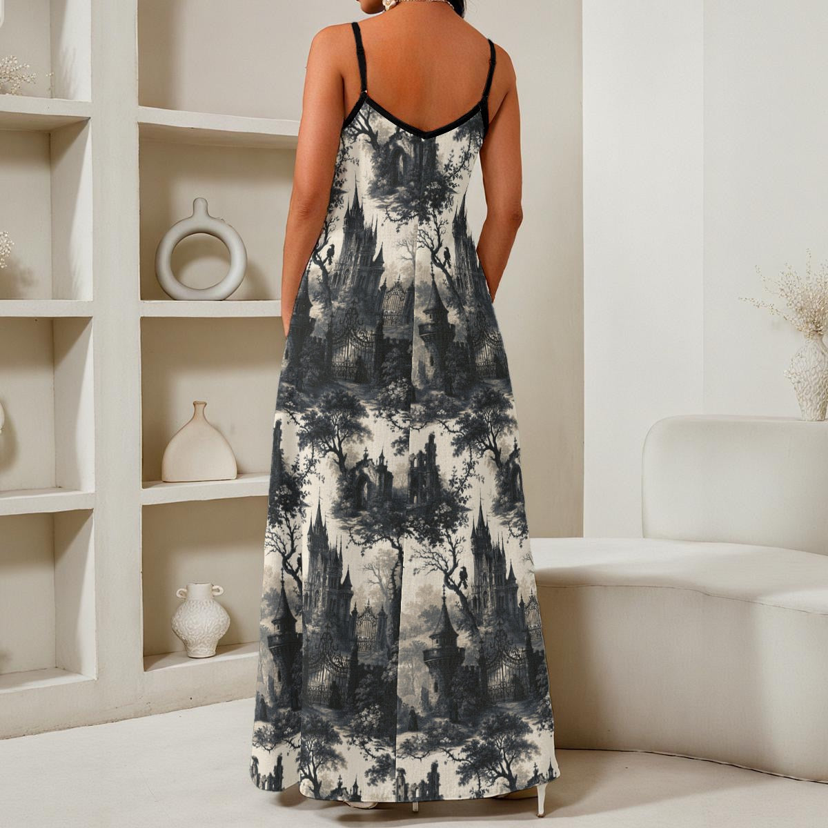 Midnight Reverie Toile Maxi Dress – Black & Cream Gothic Landscape