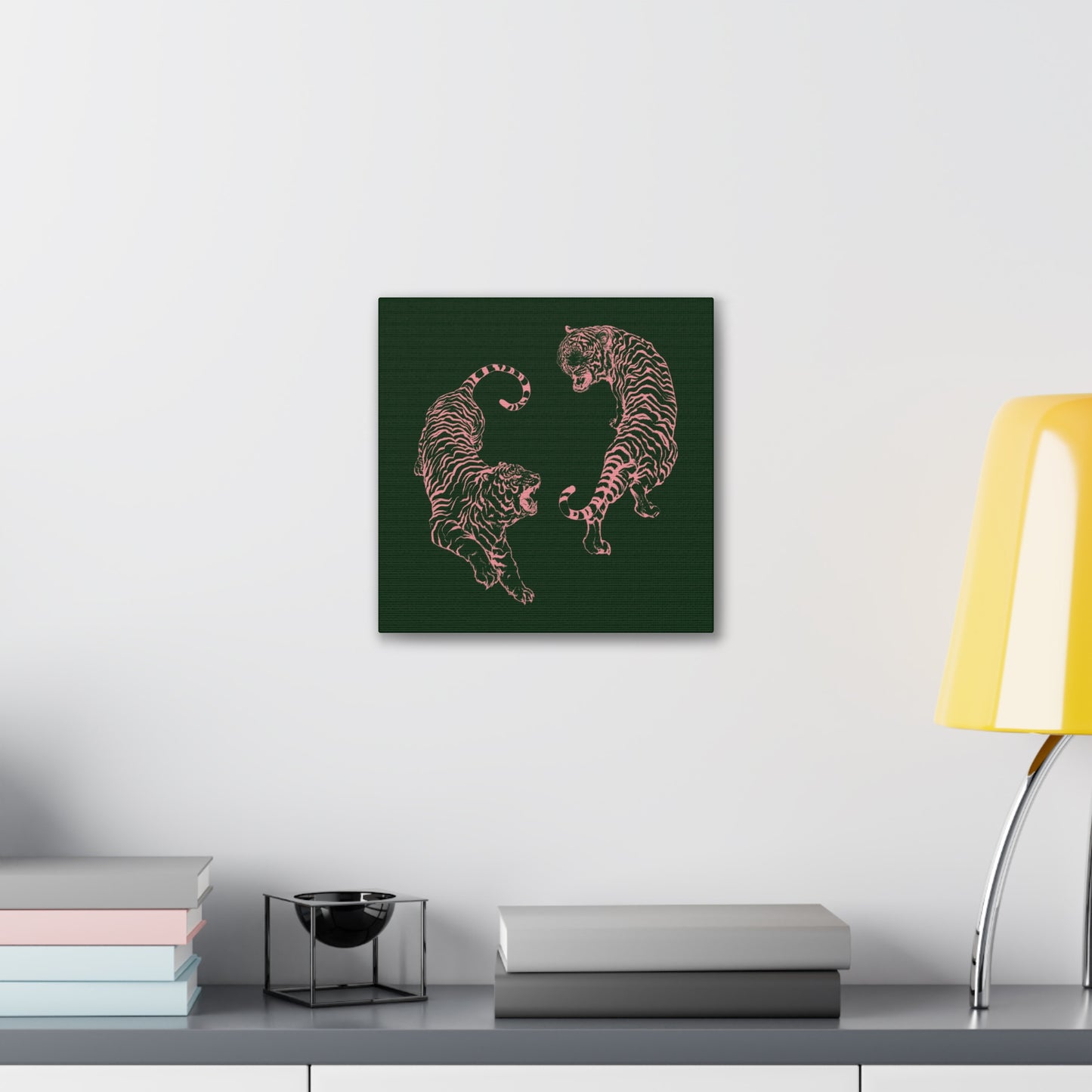 Pink Tigers Canvas Art - Dark Green and Pink Japanese Tigers - Wrapped Canvas Art