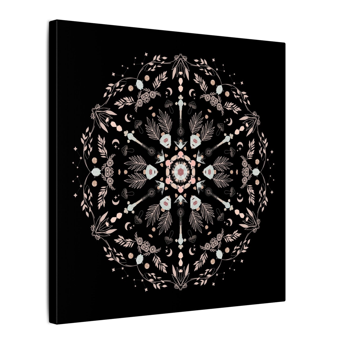 Black and Pink Botanical Mandala Canvas Art Print, Wall Decor, Home Accents, Nature Inspired, Meditation Space Decor