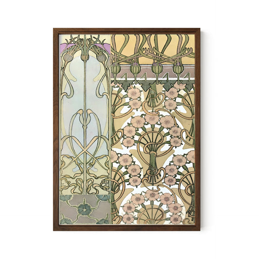 Mucha Inspired Floral Art Nouveau Print: Vintage Green & Pink