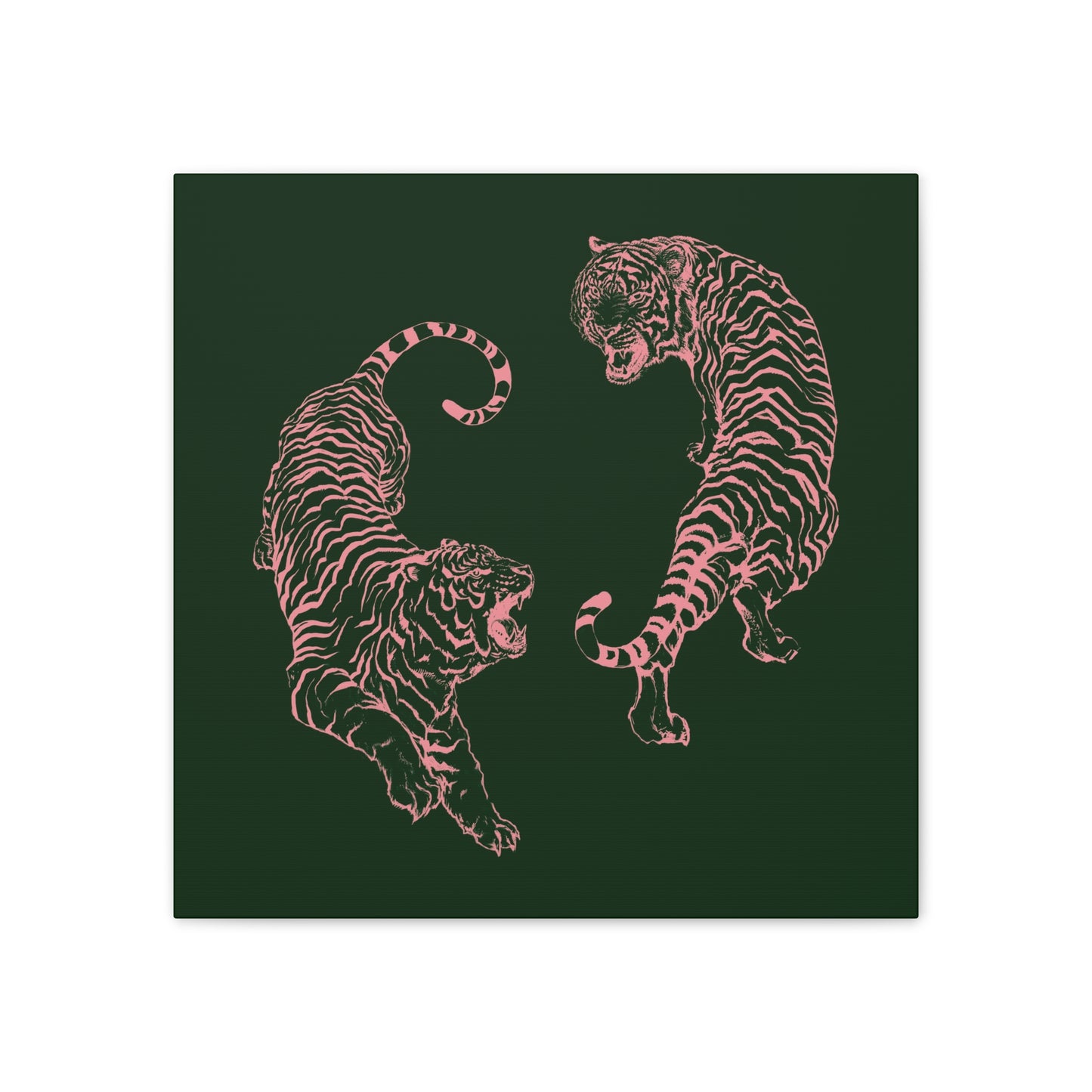 Pink Tigers Canvas Art - Dark Green and Pink Japanese Tigers - Wrapped Canvas Art