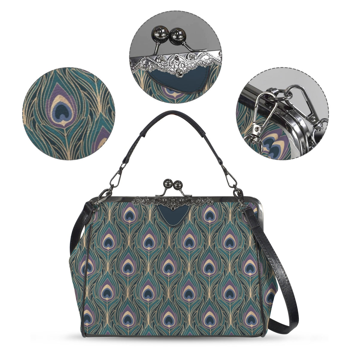 Art Deco Peacock Feather Kisslock Handbag – Teal Vintage Purse