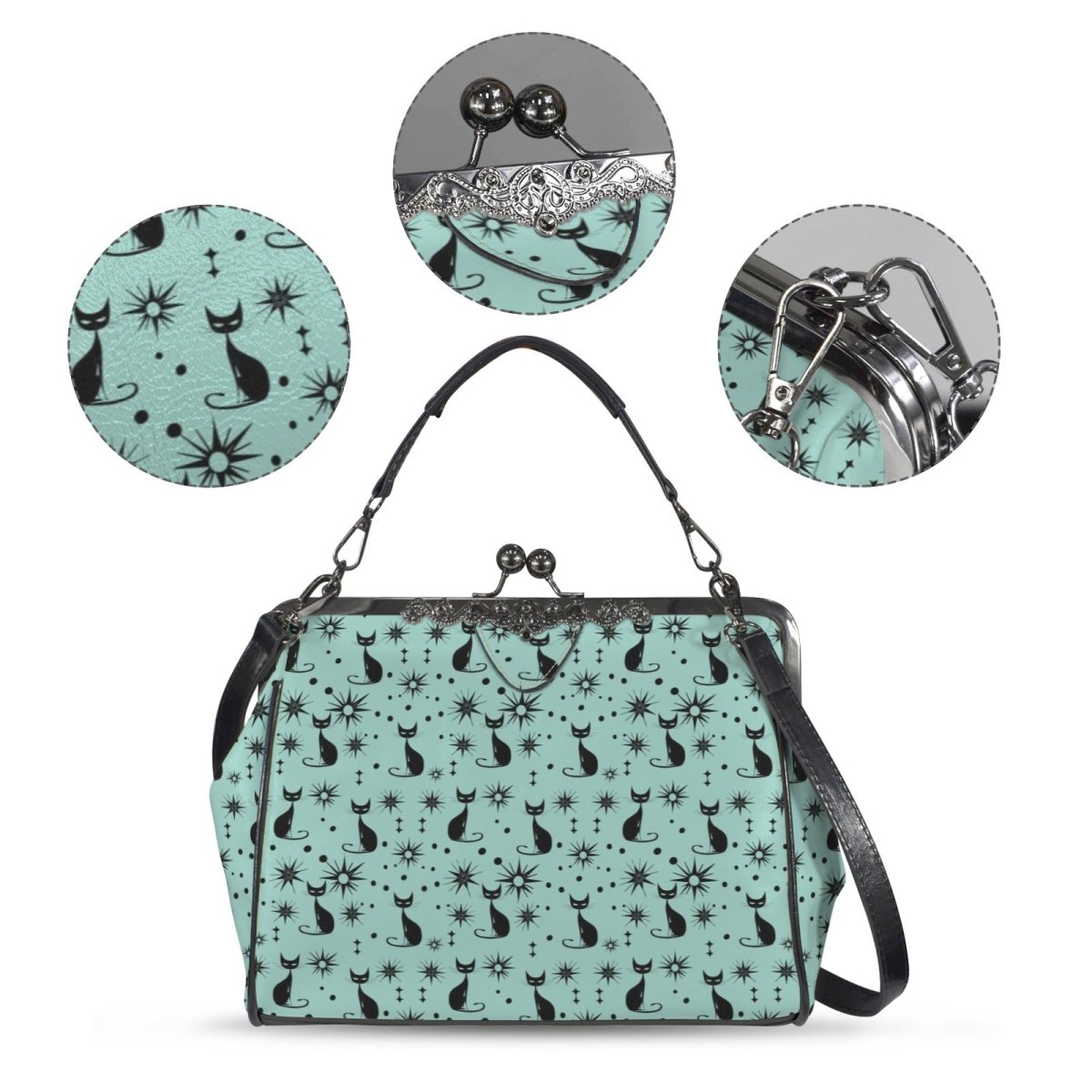Mid Century Cat Kiss Lock Handbag – Teal & Black Retro Crossbody Purse - DesignBohemian