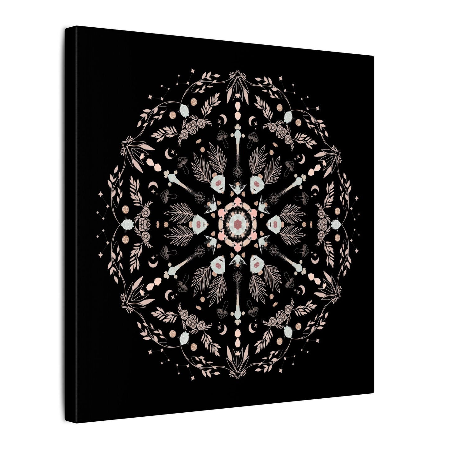 Black and Pink Botanical Mandala Canvas Art Print, Wall Decor, Home Accents, Nature Inspired, Meditation Space Decor