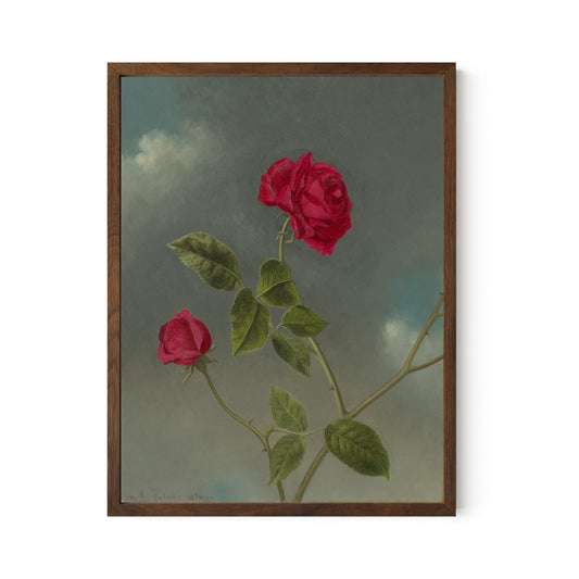Vintage Pink Roses Floral Print: Beige and Red Botanical Art - Rose Painting Framed