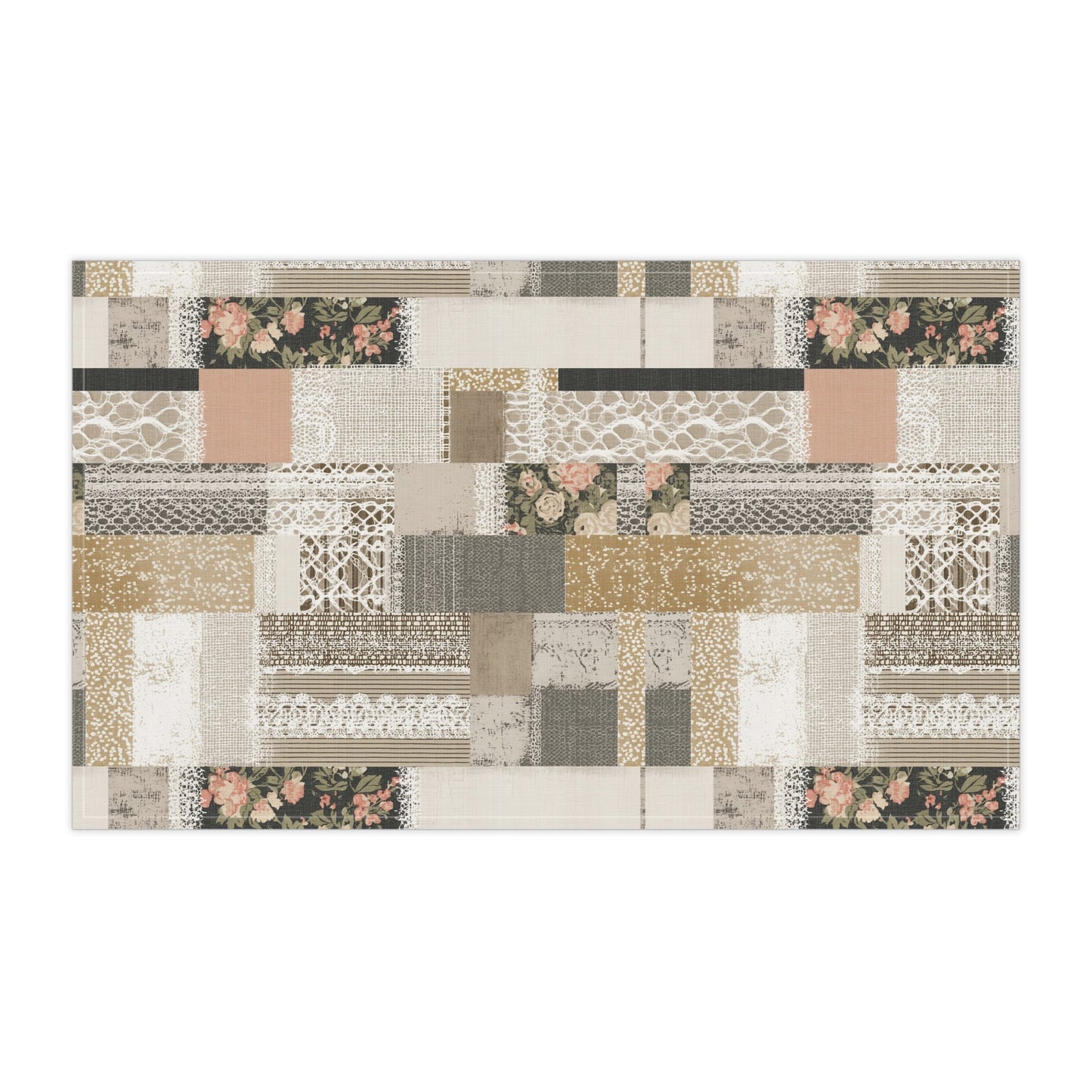 Vintage Patchwork Floral Tea Towel — Neutral Cottage Kitchen Linen - Cotton Twill