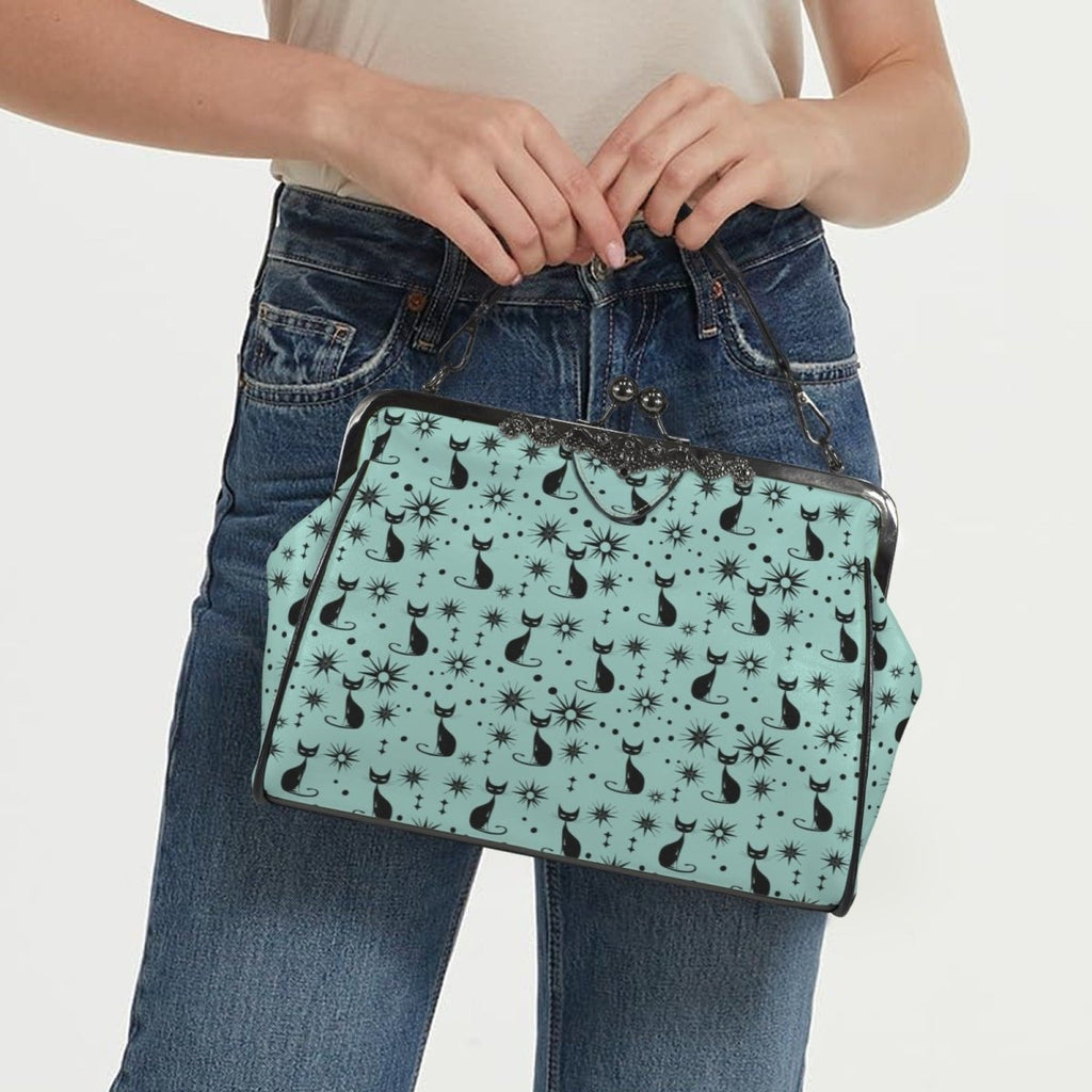 Mid Century Cat Kiss Lock Handbag – Teal & Black Retro Crossbody Purse - DesignBohemian