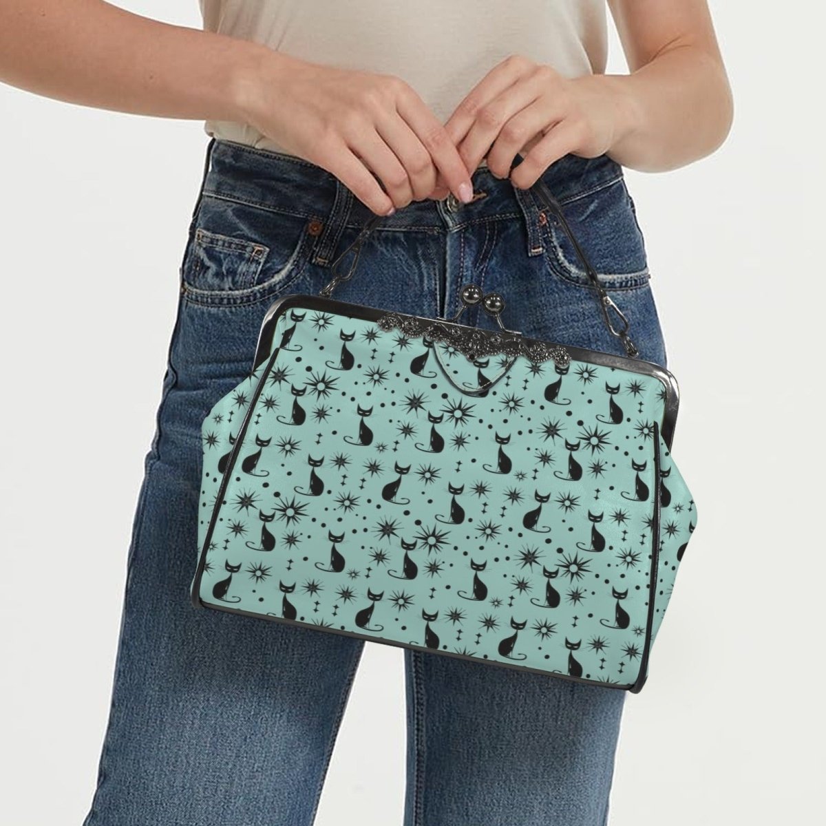Mid Century Cat Kiss Lock Handbag – Teal & Black Retro Crossbody Purse - DesignBohemian